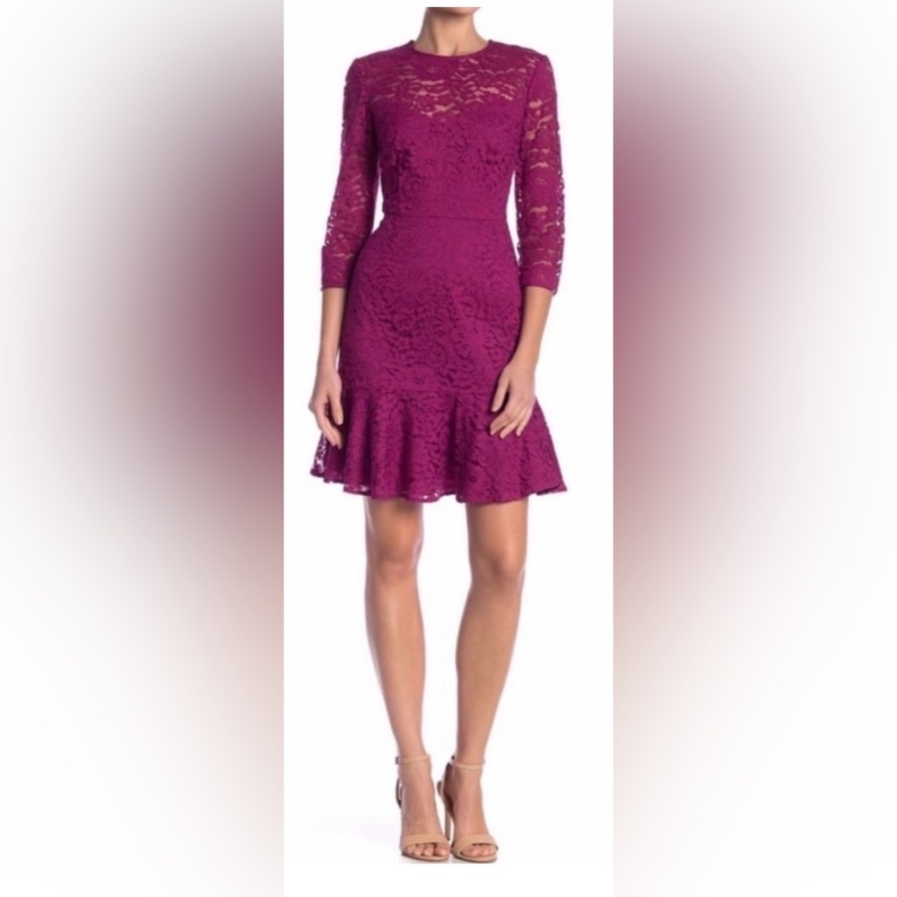 Trina Turk Stanley Lace Magenta Peplum Lace Long Sleeve Dress Size 8 Sku#174